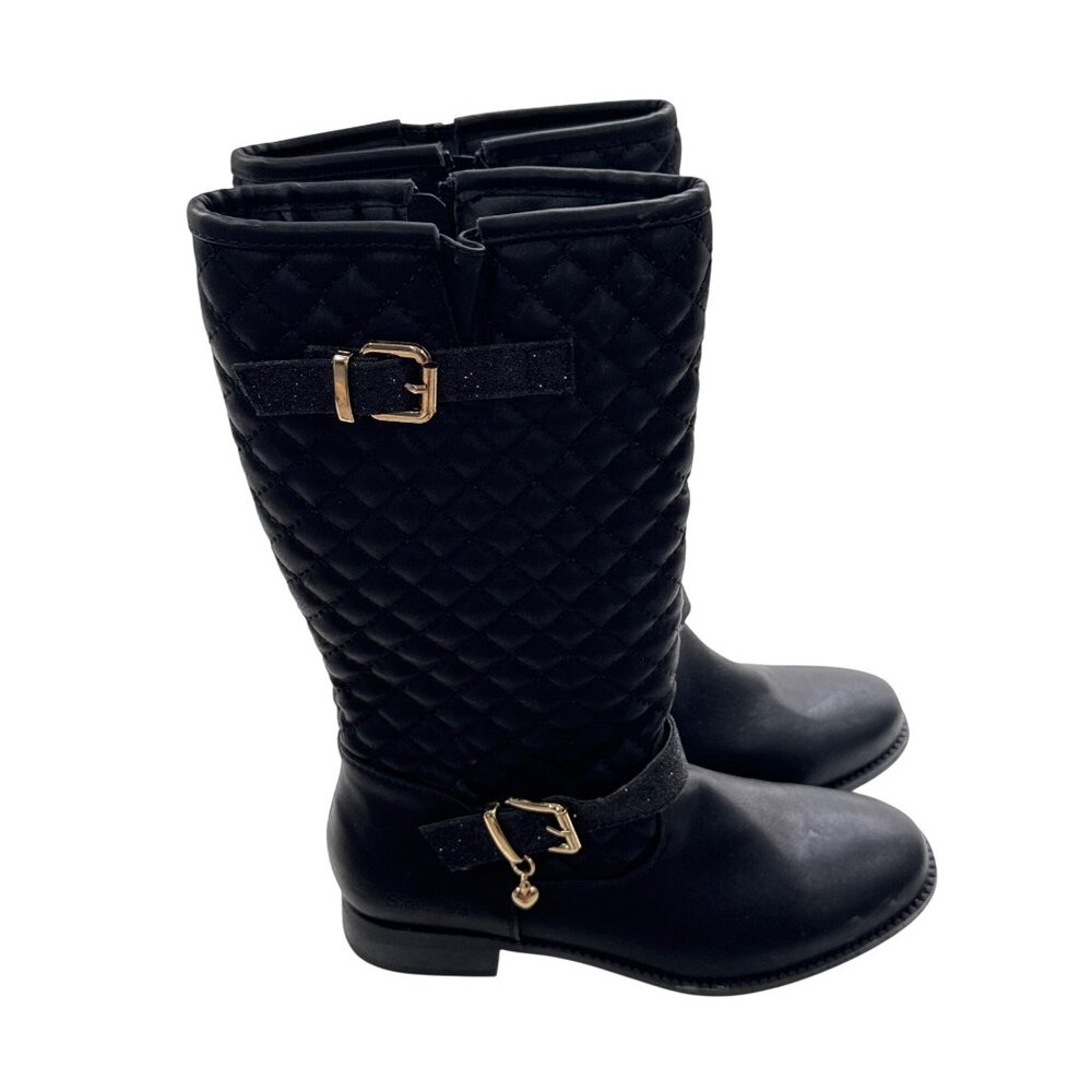Skechers Girls Black Quilted Knee-High Boots With Gold Buckles & Side Zippers - - Picture 6 of 10